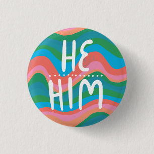 Bóton Redondo 2.54cm Ele/HIM Pronounes Colorful Handlettered Green Pink