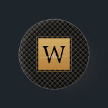 Bóton Redondo 2.54cm Elegante Dourado Monograma, Na moda de Script Inic<br><div class="desc">Botão Elegante Dourado Monograma,  Na moda de Script Inicial. Apresenta um fundo de padrão de diamante preto e dourado de luxo.</div>