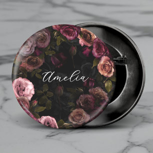 Bóton Redondo 2.54cm Elegante Flor Botânica Rosa Escuro Borgonha