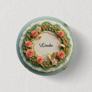 Bóton Redondo 2.54cm Elegante Quadro Floral Verde Com Rosas Pink