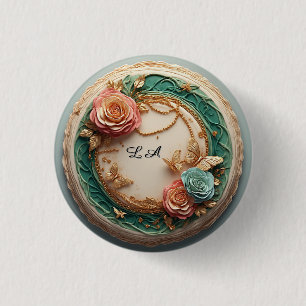 Bóton Redondo 2.54cm Elegante Quadro Floral Verde Com Rosas Pink