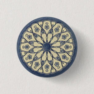 Bóton Redondo 2.54cm Enfeite de Mandala Radial Azul-Bege Vintage