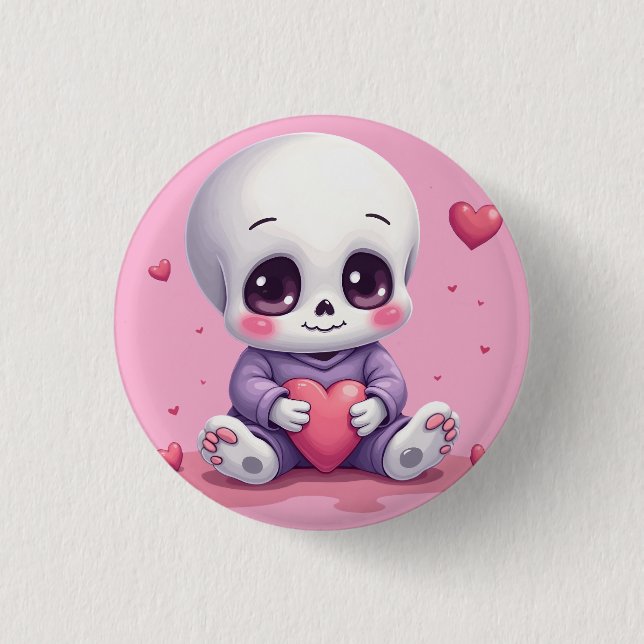 Bóton Redondo 2.54cm Esqueleto Kawaii Segurando Coração (Frente)