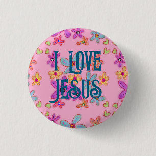 Bóton Redondo 2.54cm Eu Amo Jesus Menina Cristã Rosa Floral