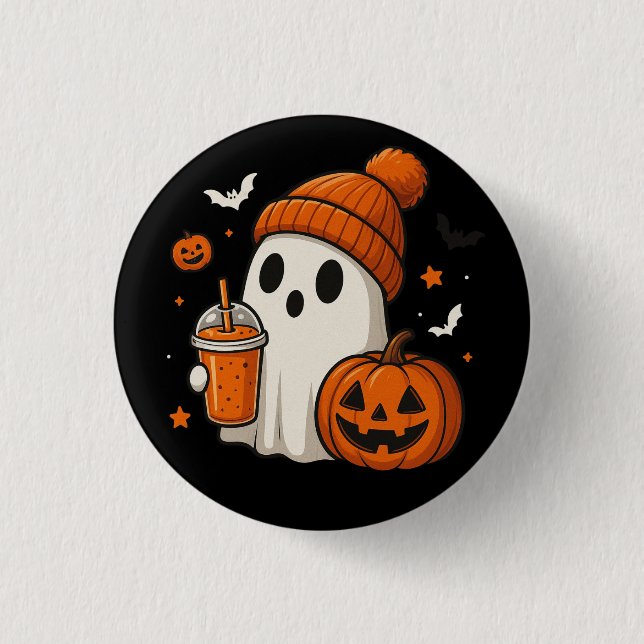 Bóton Redondo 2.54cm Fantasma de Halloween Fofo com Abóbora e Bebida  (Frente)