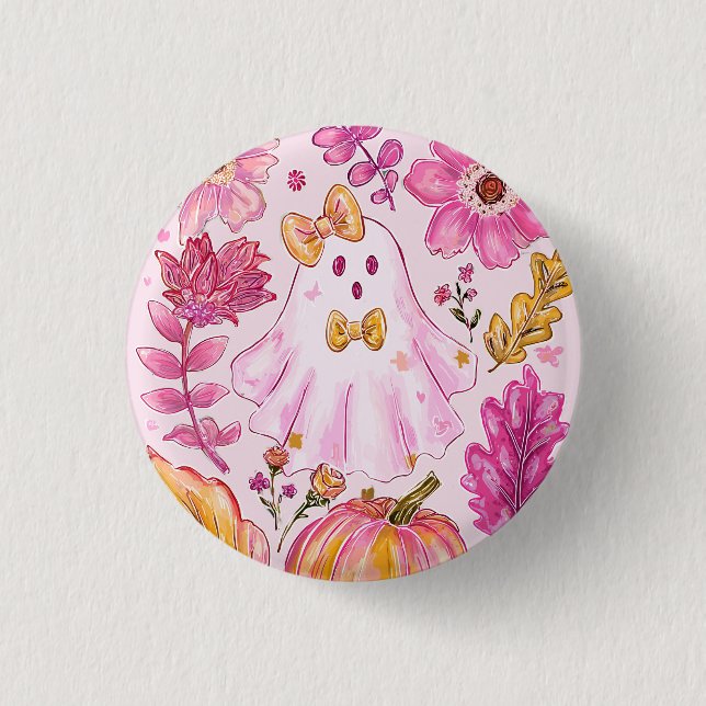 Bóton Redondo 2.54cm Fantasma de Halloween Rosa Pastel com Flores e Abó (Frente)