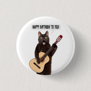 Bóton Redondo 2.54cm Feliz Aniversário Gato Cantando e Tocando Violão