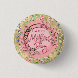 Bóton Redondo 2.54cm Feliz Dia das Mães Elegante Moderno Floral Rosa