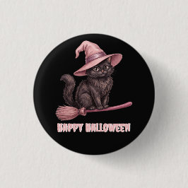 Bóton Redondo 2.54cm Feliz Halloween Pinkoween Gato Bruxa Preto Vintage