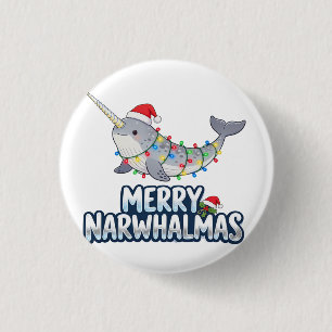 Bóton Redondo 2.54cm Feliz Narwhalmas Usando um Chapéu de Papai Noel Na