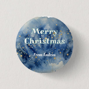Bóton Redondo 2.54cm feliz natal azul branco estrelas aquarela amarelo
