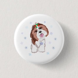 Bóton Redondo 2.54cm Feliz Natal Shih Tzu Com Floco de Neve Pingente