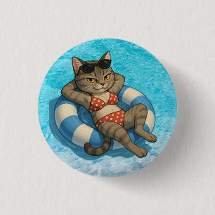Bóton Redondo 2.54cm Festa de Aniversário do Gato na Piscina para Amant