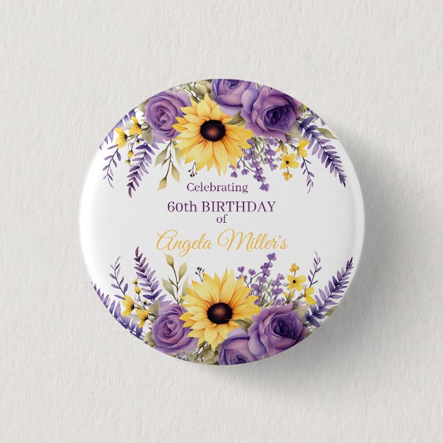 Bóton Redondo 2.54cm Festa de aniversário floral roxa 60ª (Frente)