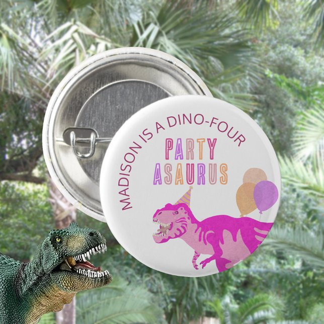Bóton Redondo 2.54cm Festa Rosa T-Rex, Asaurus, Dinossauro Cinto, Anive (These personalized pink T-Rex dinosaur birthday round pin back buttons are cute party favors)