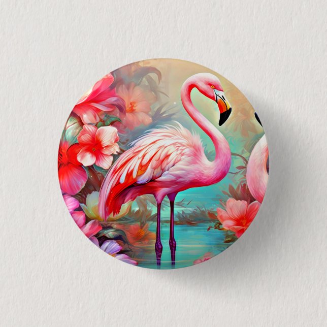 Bóton Redondo 2.54cm Flamingos rosa em um lago com flores-20231 (Frente)
