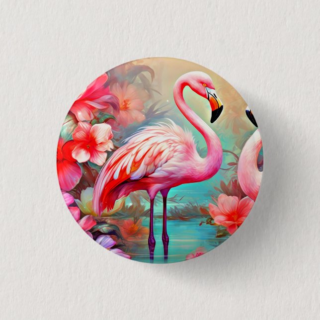 Bóton Redondo 2.54cm Flamingos rosa em um lago com flores-20231 (Frente)