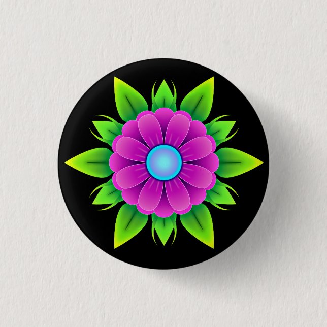 Bóton Redondo 2.54cm Flor rosa com folhas verdes (Frente)