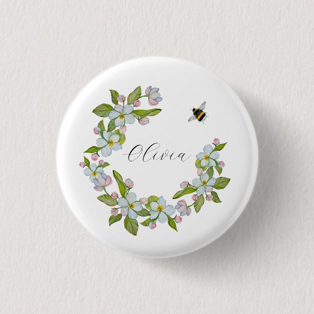 Bóton Redondo 2.54cm Flores aquarelas de árvores de jardim e abelhão (Frente)