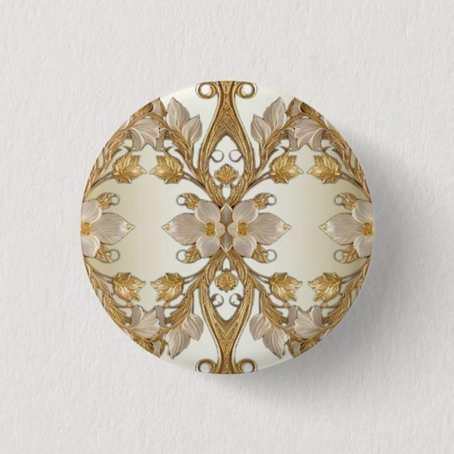 Bóton Redondo 2.54cm Flores Brancas Decoração Botão Dourado (Frente)