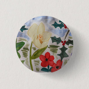 Bóton Redondo 2.54cm Flores de inverno e Crachá Holly