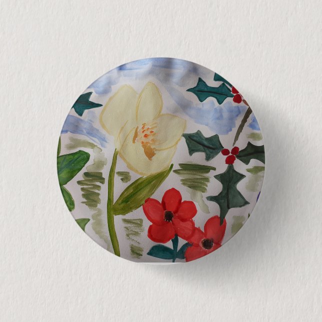 Bóton Redondo 2.54cm Flores de inverno e Crachá Holly (Frente)