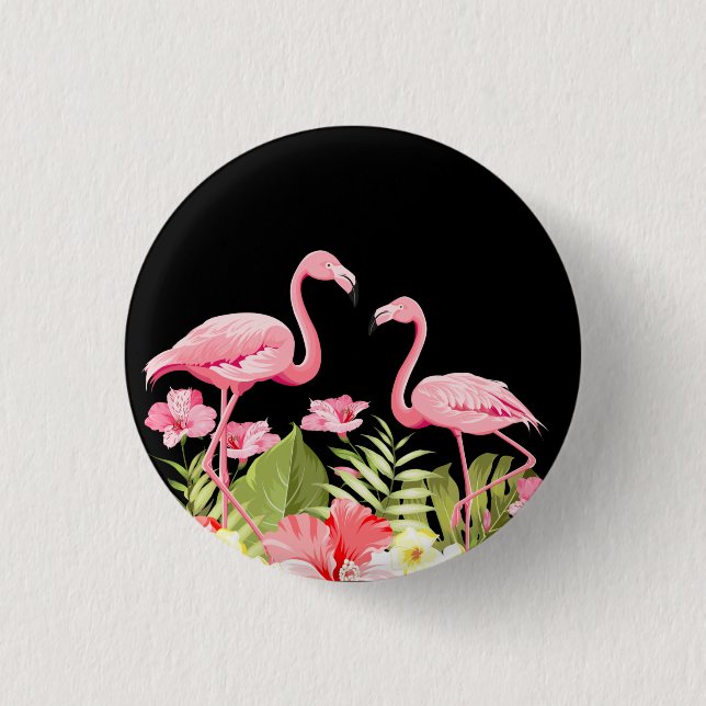 Bóton Redondo 2.54cm Flores Tropicais e Design de Flamingos (Frente)