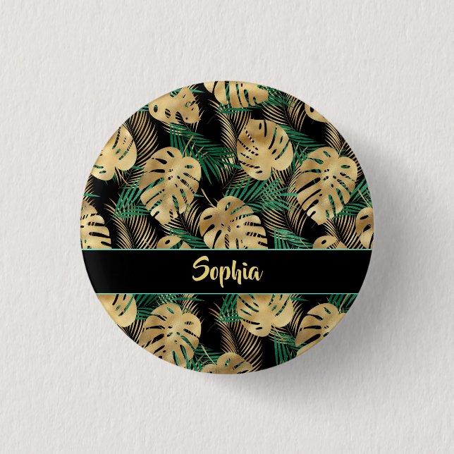 Bóton Redondo 2.54cm Folhas tropicais Douradas e verdes, DIY Dourado Na (Frente)