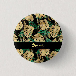 Bóton Redondo 2.54cm Folhas tropicais Douradas e verdes, DIY Dourado Na