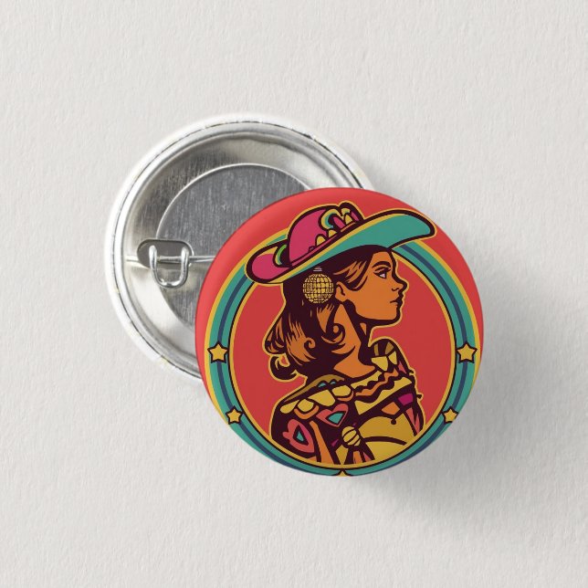 Bóton Redondo 2.54cm Folkloric Cowgirl Button Pin – Retro Profile Desig (Frente & Verso)