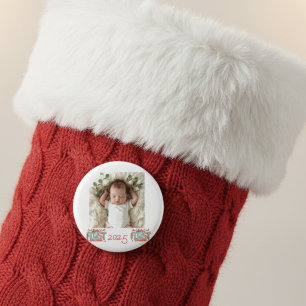 Bóton Redondo 2.54cm Foto do Bebê Primeiro Natal Vermelho Personalizado