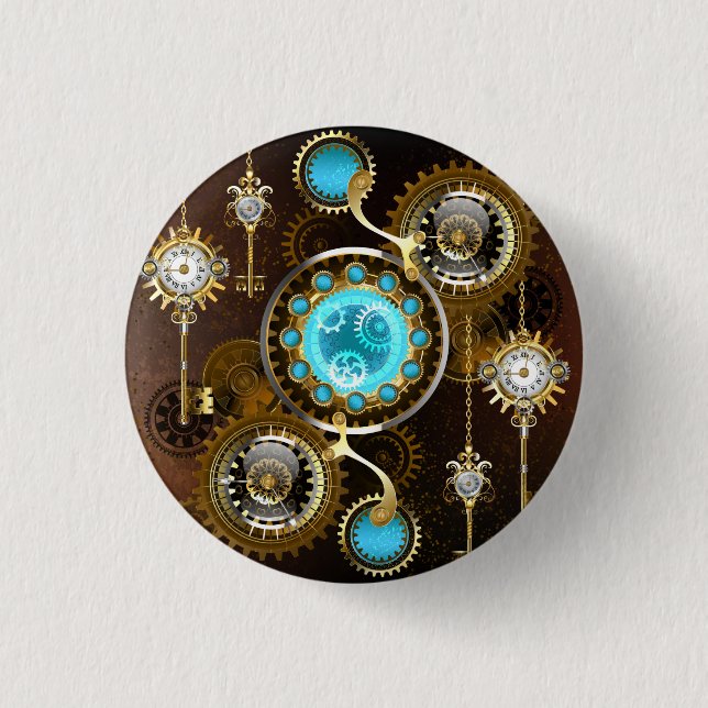 Bóton Redondo 2.54cm Fundo Rusty Steampunk com Lentes Turquesa (Frente)