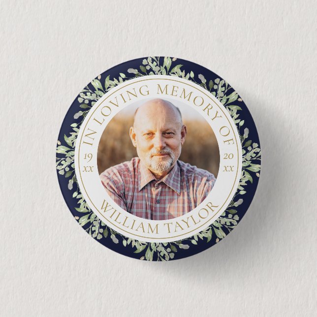 Bóton Redondo 2.54cm Funeral Em Memória Carinhosa Foto de Greenery (Frente)