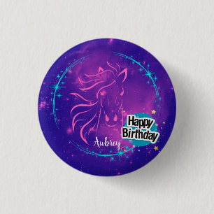 Bóton Redondo 2.54cm Galáxia Cavalo Feliz Aniversário Personalizado