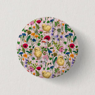 Bóton Redondo 2.54cm Galinhas e flores silvestres, de algodão, cor-de-r