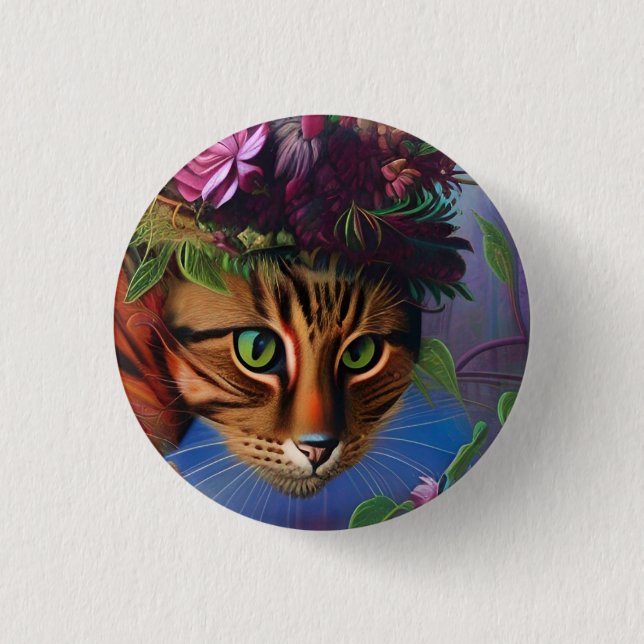 Bóton Redondo 2.54cm gato com arte de chapéu de flor (Frente)