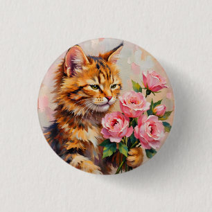 Bóton Redondo 2.54cm Gato com Rosas