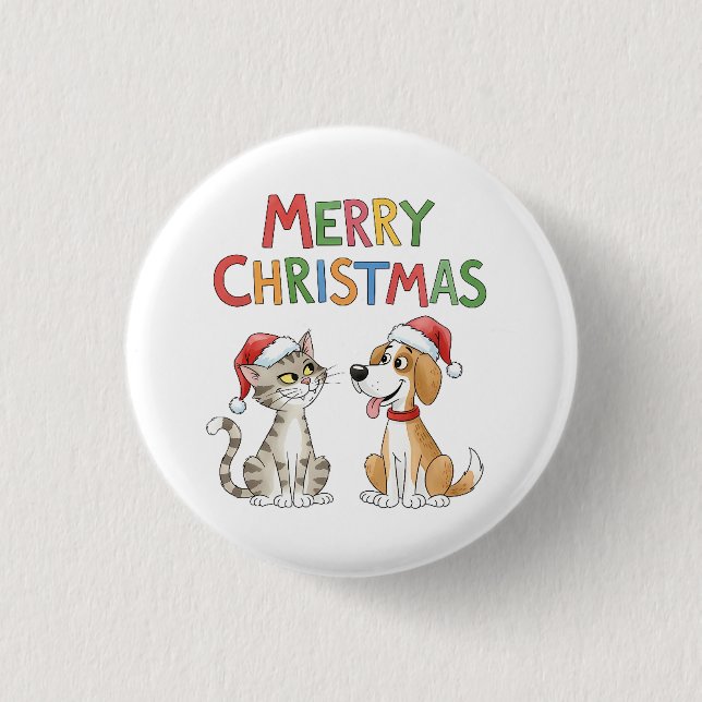Bóton Redondo 2.54cm Gato de Natal e Cachorro Bonitos com Chapéus Santa (Frente)