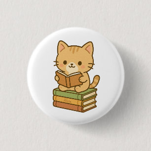 Bóton Redondo 2.54cm Gato Kawaii Giro Gelado Lendo um Livro