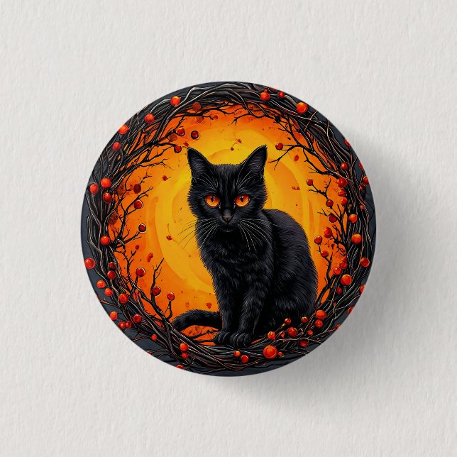 Bóton Redondo 2.54cm Gato Negro Halloween com Olhos Brilhantes (Frente)