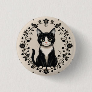 Bóton Redondo 2.54cm Gato Preto e Branco Elegante