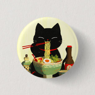 Bóton Redondo 2.54cm Gato Preto Feliz Comendo Ramen Ukiyo-e Japonês