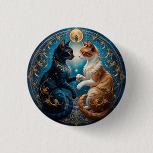 Bóton Redondo 2.54cm Gatos Celestiais em Arte Cósmica com Ouro e Azul