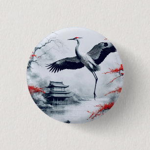Bóton Redondo 2.54cm Grua Japonesa Elegante No Jardim Japonês