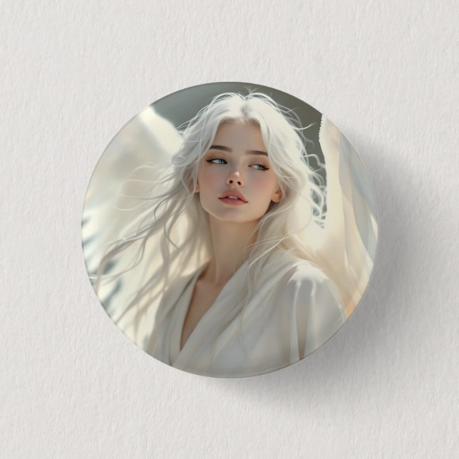 Bóton Redondo 2.54cm Guardião Luminoso - Anjo da Aurora Prateada (Frente)