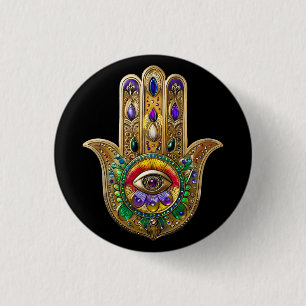 Bóton Redondo 2.54cm Hamsa de Ouro Pintado com Olho Terceiro de Ametist