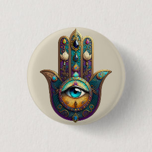 Bóton Redondo 2.54cm Hamsa Violeta Dourado Turquesa c/ Terceiro Olho Tu