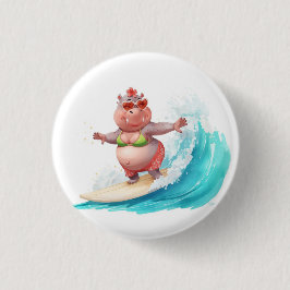 Bóton Redondo 2.54cm Hipopótamo surfando de biquíni de Natal em onda gr