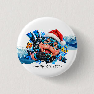Bóton Redondo 2.54cm Hippo Scuba usa chapéu de Papai Noel para o Natal