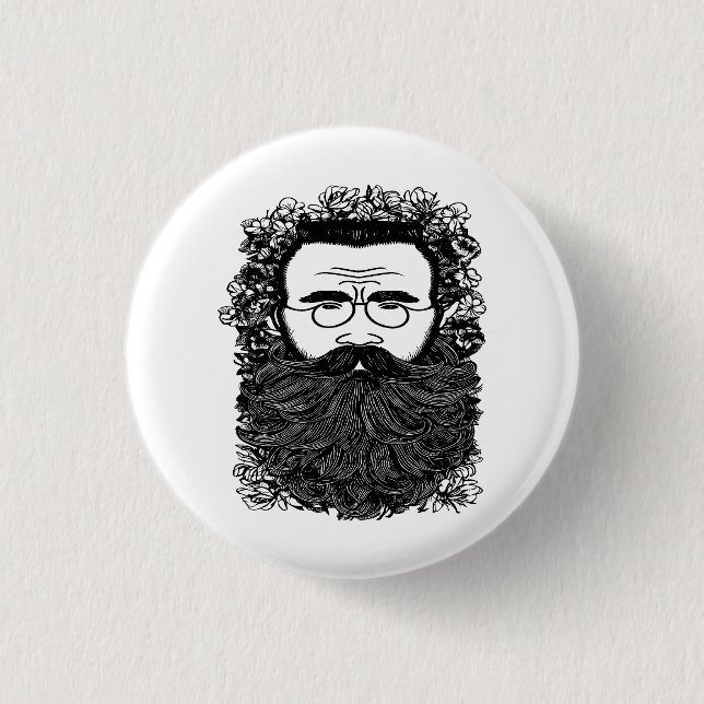 Bóton Redondo 2.54cm Homem Whimsical Barba bigode flores arte (Frente)